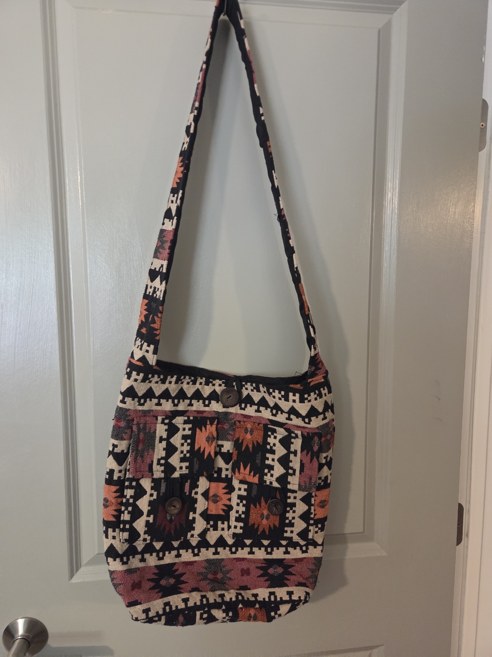 Boho Aztec Pattern Crossbody Bag in Black, Orange & Cream